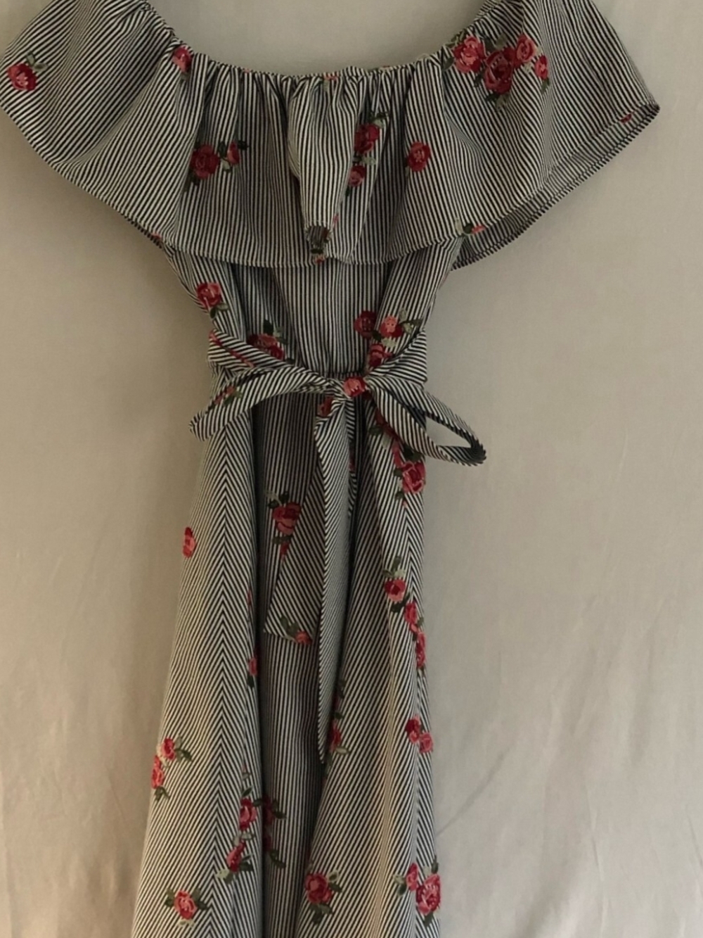 Calvin Klein Blue and Pink Floral Off-Shoulder Midi Dress